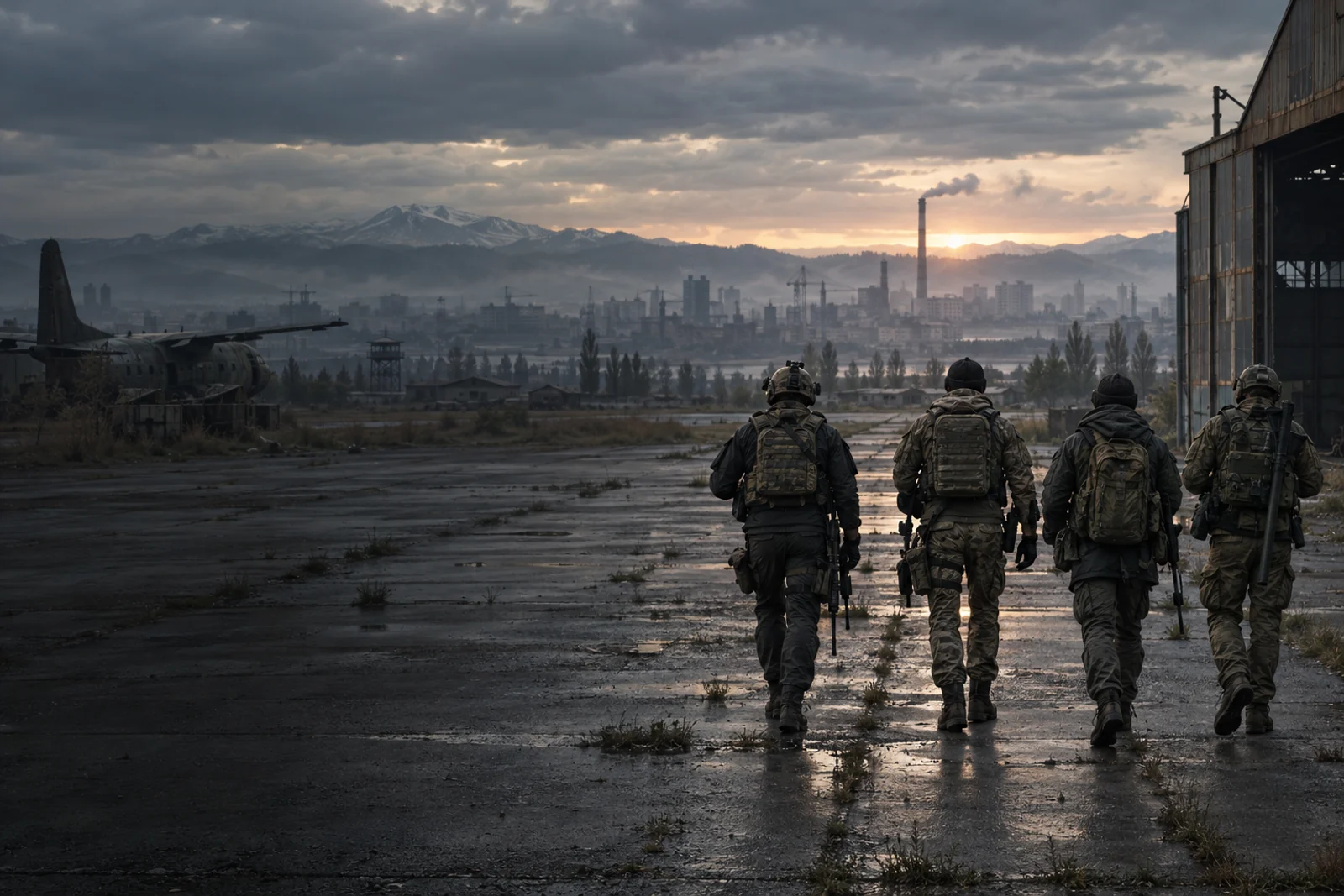 Four squadmates heading out together at sunrise